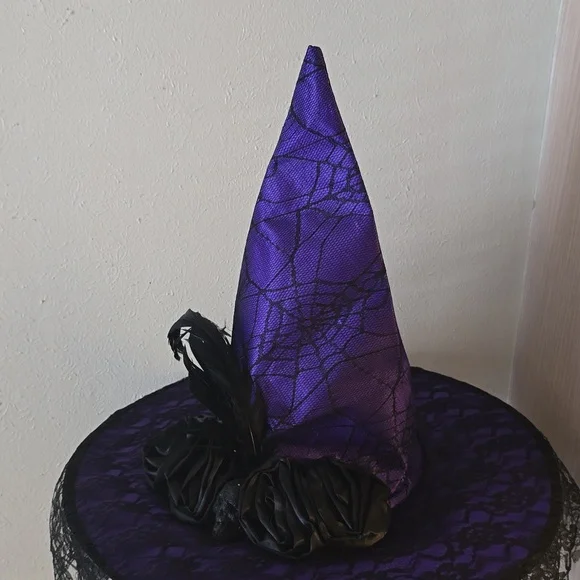 Halloween Witch Hat Purple Costume Skull Spider Web Lace - Picture 3 of 7